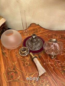 Antique German Kerosene Oil Lamp Stobwasser Burner Crystal Glass Lions Heads