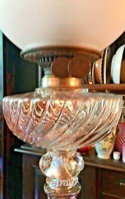 Antique Glass Banquet Oil Lamp by Baccarat or Fostoria, Duplex with Astral Globe