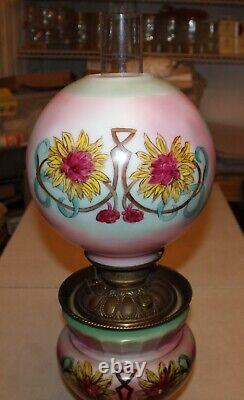 Antique Glass Hand Painted Flower Oil Lamp Center Draft GWTW Oil Lamp