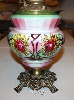 Antique Glass Hand Painted Flower Oil Lamp Center Draft GWTW Oil Lamp