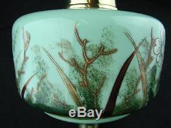 Antique Glass Oil Lamp Font Superb Hand Painted / Enamelled Floral Decoration