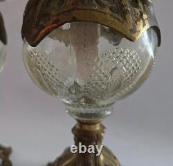 Antique Glass Oil Lamp On A Cast Metal Base & Ornate Collar