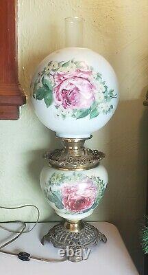 Antique Gone With The Wind Oil Kerosene 25 Lamp Rose Green Electrified Complete