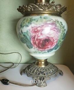 Antique Gone With The Wind Oil Kerosene 25 Lamp Rose Green Electrified Complete