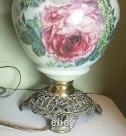 Antique Gone With The Wind Oil Kerosene 25 Lamp Rose Green Electrified Complete