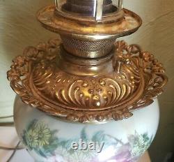 Antique Gone With The Wind Oil Kerosene 25 Lamp Rose Green Electrified Complete