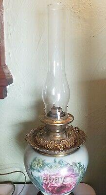 Antique Gone With The Wind Oil Kerosene 25 Lamp Rose Green Electrified Complete