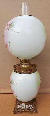 Antique Gone With The Wind Oil Lamp Embossed Painted Dogwood Flowers Brass Base