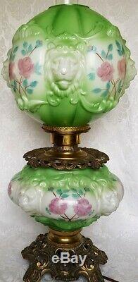 Antique Gone With The Wind Oil Lamp Lion Head Hand Painted Parlor Converted