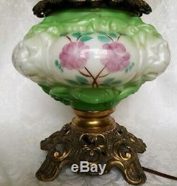 Antique Gone With The Wind Oil Lamp Lion Head Hand Painted Parlor Converted