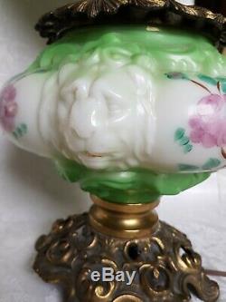 Antique Gone With The Wind Oil Lamp Lion Head Hand Painted Parlor Converted