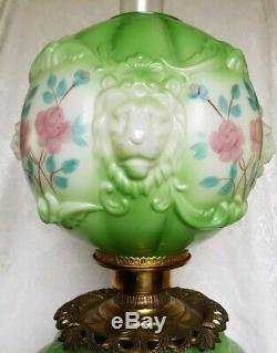 Antique Gone With The Wind Oil Lamp Lion Head Hand Painted Parlor Converted