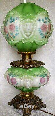 Antique Gone With The Wind Oil Lamp Lion Head Hand Painted Parlor Converted