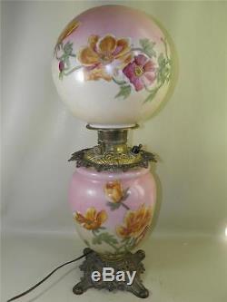 Antique Gone With The Wind Signed Phoenix Floral Oil Lamp Converted 24'' High