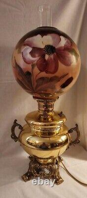 Antique Gone With The Wind electrified oil parlor lamp hand painted glo red pink