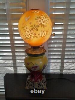 Antique Gone with the Wind Converted Oil Lamp Floral Painted Globe / Brass base