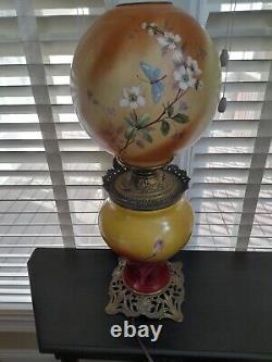 Antique Gone with the Wind Converted Oil Lamp Floral Painted Globe / Brass base