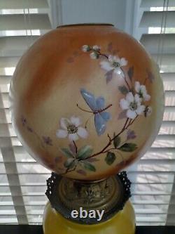 Antique Gone with the Wind Converted Oil Lamp Floral Painted Globe / Brass base