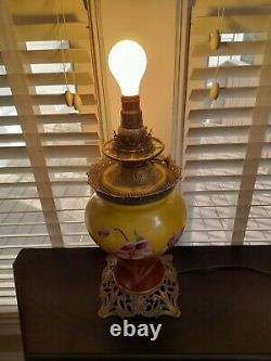 Antique Gone with the Wind Converted Oil Lamp Floral Painted Globe / Brass base