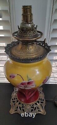 Antique Gone with the Wind Converted Oil Lamp Floral Painted Globe / Brass base