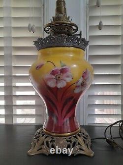 Antique Gone with the Wind Converted Oil Lamp Floral Painted Globe / Brass base