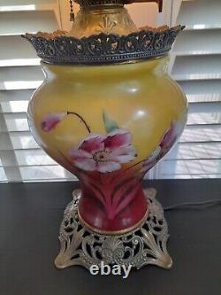 Antique Gone with the Wind Converted Oil Lamp Floral Painted Globe / Brass base
