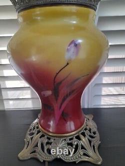 Antique Gone with the Wind Converted Oil Lamp Floral Painted Globe / Brass base