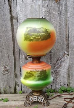 Antique Gone with the Wind Electrified Oil Table Lamp with Asian Pagoda Scene