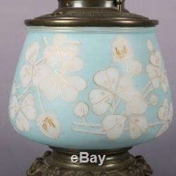 Antique Gone with the Wind Gilt and Painted Satin Glass Electrified Oil Lamp