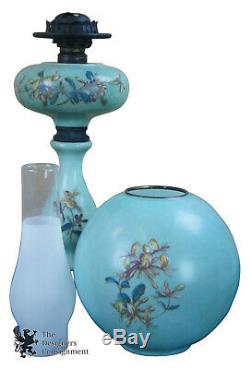 Antique Gone with the Wind Oil Lamp Parlor Lantern Blue Glass Floral Painted 27