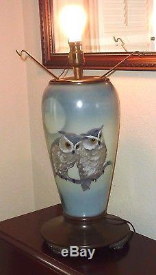 Antique Great Horned Owl Lamp Handpainted Pittsburgh Brass Lamp Co Electrified