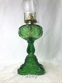 Antique Green Glass Oil Lamp Bullseye Fine Detail Kerosene Victorian Art Deco