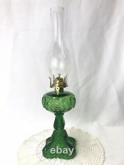 Antique Green Glass Oil Lamp Bullseye Fine Detail Kerosene Victorian Art Deco