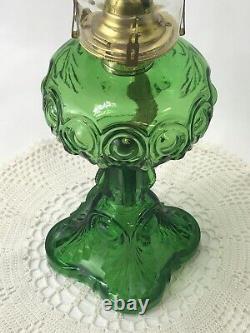 Antique Green Glass Oil Lamp Bullseye Fine Detail Kerosene Victorian Art Deco