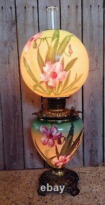 Antique Green Yellow Pink GWTW Gone with the Wind Floral Glass Oil Table Lamp