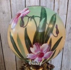 Antique Green Yellow Pink GWTW Gone with the Wind Floral Glass Oil Table Lamp