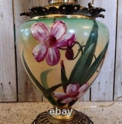 Antique Green Yellow Pink GWTW Gone with the Wind Floral Glass Oil Table Lamp