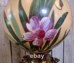 Antique Green Yellow Pink GWTW Gone with the Wind Floral Glass Oil Table Lamp