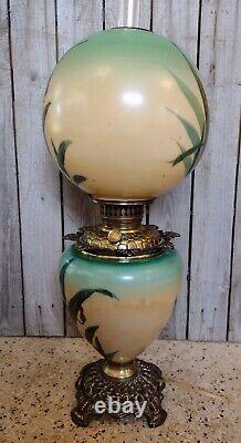 Antique Green Yellow Pink GWTW Gone with the Wind Floral Glass Oil Table Lamp