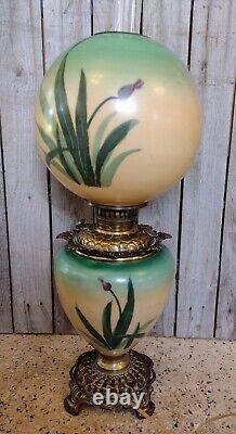 Antique Green Yellow Pink GWTW Gone with the Wind Floral Glass Oil Table Lamp