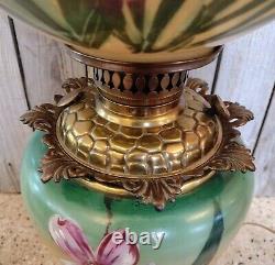 Antique Green Yellow Pink GWTW Gone with the Wind Floral Glass Oil Table Lamp