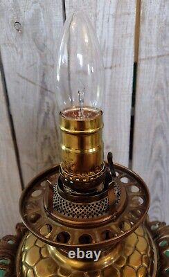 Antique Green Yellow Pink GWTW Gone with the Wind Floral Glass Oil Table Lamp