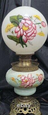 Antique Gwtw Banquet Oil Lamp Hand Painted Ornate Converted 24 3 Way