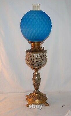 Antique Gwtw Ornate Faces Blue Satin Quilted Beaded Ball Shade Banquet Oil Lamp