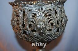 Antique Gwtw Ornate Faces Blue Satin Quilted Beaded Ball Shade Banquet Oil Lamp