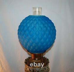 Antique Gwtw Ornate Faces Blue Satin Quilted Beaded Ball Shade Banquet Oil Lamp