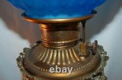 Antique Gwtw Ornate Faces Blue Satin Quilted Beaded Ball Shade Banquet Oil Lamp