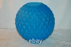 Antique Gwtw Ornate Faces Blue Satin Quilted Beaded Ball Shade Banquet Oil Lamp