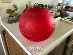 Antique Gwtw Red Satin Glass Art Nouveau Chrysanthemum Kerosene Oil Lamp Shade