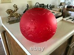 Antique Gwtw Red Satin Glass Art Nouveau Chrysanthemum Kerosene Oil Lamp Shade